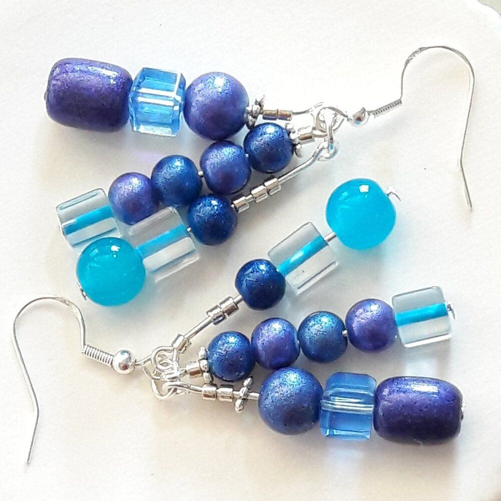 Blue Glass Silver Hooks Hidden Meaning earrings Retro summer jam vibe , pop 421■